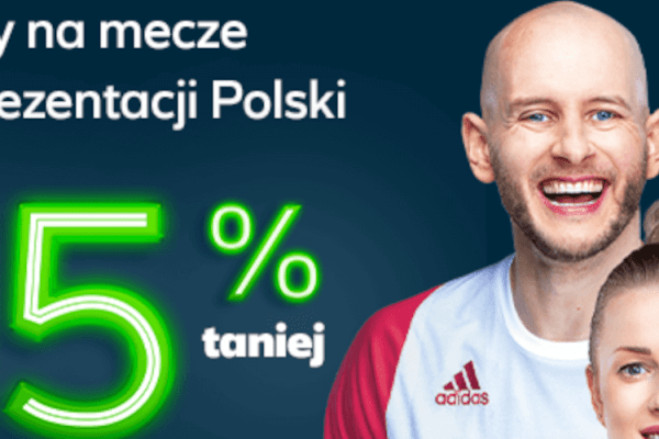 grafika firmy Plus przedstawiająca rabat -15% na bilety na polską reprezentację w siatkówce