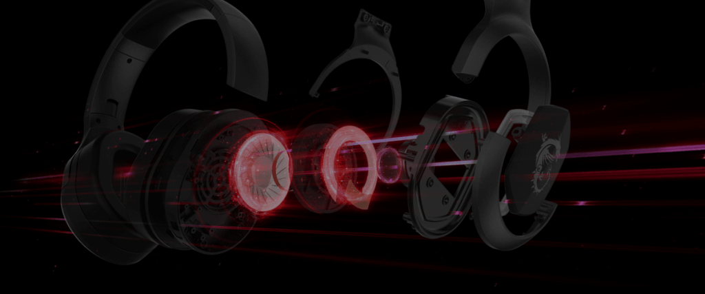grafika firmy MSI przedstawiająca słuchawki gamingowe rozłożone na części pierwsze