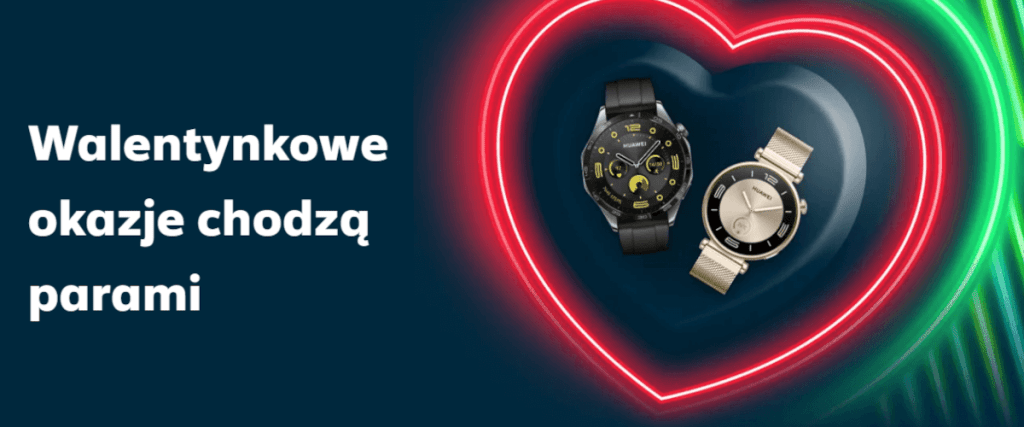 grafika firmy Plus przedstawiająca 2 smartwatche wpisane w czerwone serce symbolizujące promocje na Walentynki