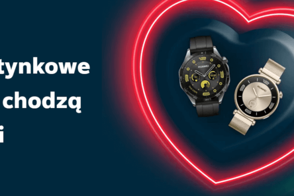 grafika firmy Plus przedstawiająca 2 smartwatche wpisane w czerwone serce symbolizujące promocje na Walentynki