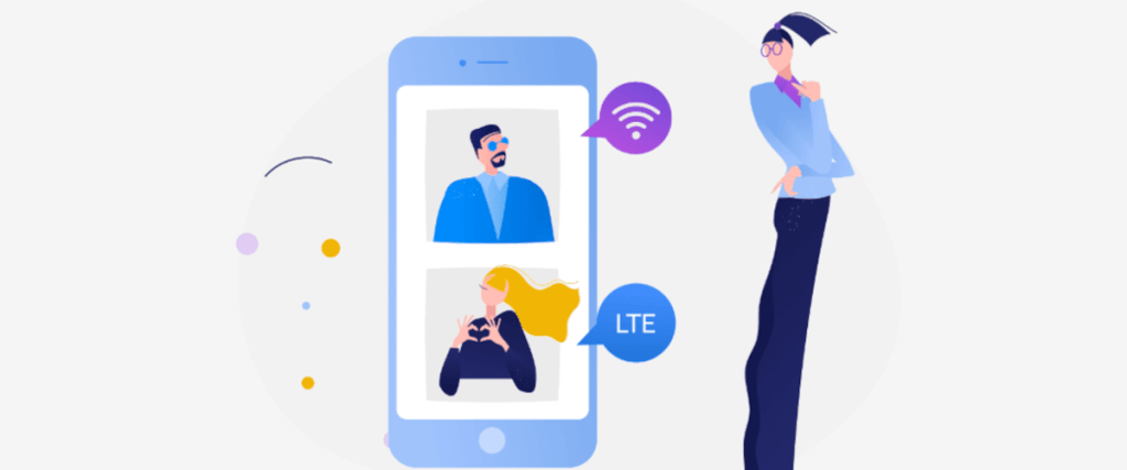 grafika firmy Play symbolicznie przedstawiająca technologię WiFi Calling i VoLTE z narysowanym smartfonem i kobietą