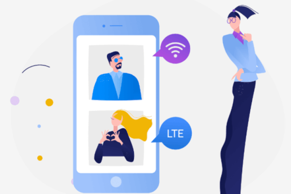 grafika firmy Play symbolicznie przedstawiająca technologię WiFi Calling i VoLTE z narysowanym smartfonem i kobietą