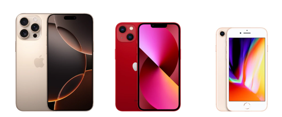 grafika firmy Apple porównująca modele iPhone 16 Pro Max, iPhone 13 i iPhone 8