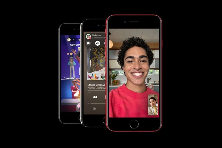 grafika przedstawiająca 3 modele iPhone SE 2022 z przyciskiem Home na czarnym tle