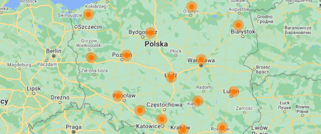 grafika przedstawiająca zasięg Internetu światłowodowego Orange Polska