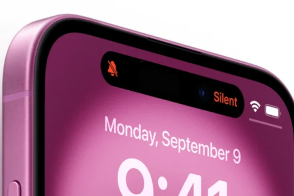 grafika firmy Apple przedstawiająca różowego iPhone'a 16 z Dynamic Island
