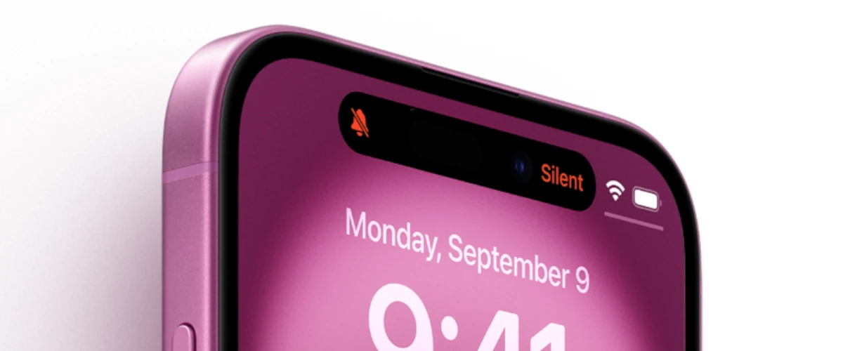 grafika firmy Apple przedstawiająca różowego iPhone'a 16 z Dynamic Island