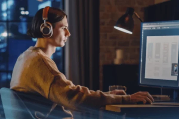 zdjęcie firmy Netia przedstawiające osobę siedzącą przed komputerem PC ze słuchawkami na uszach