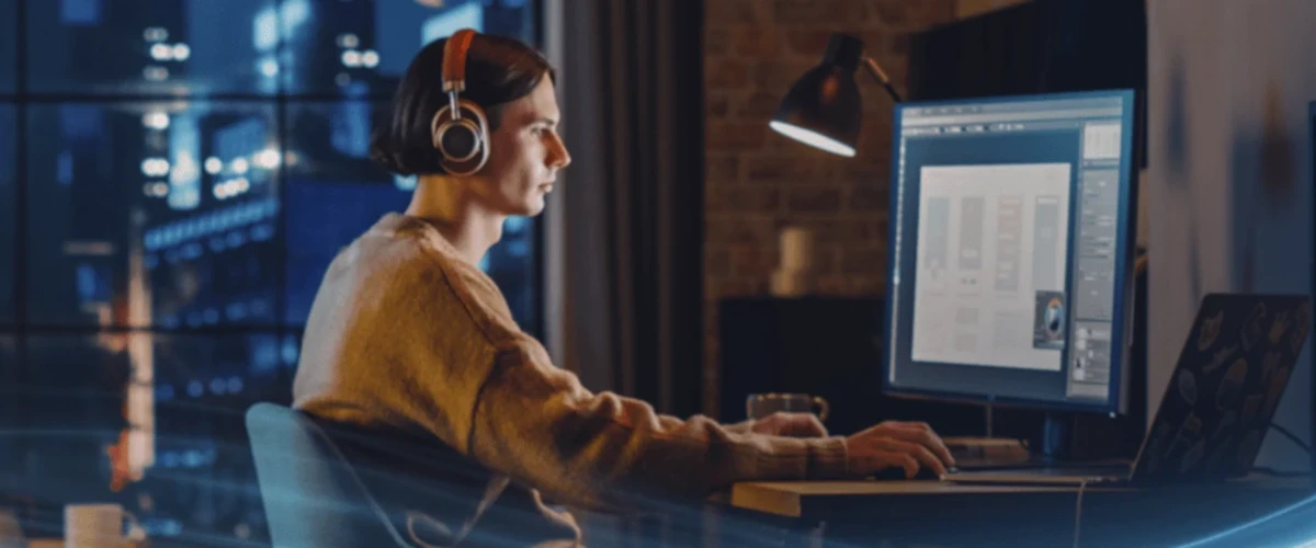 zdjęcie firmy Netia przedstawiające osobę siedzącą przed komputerem PC ze słuchawkami na uszach