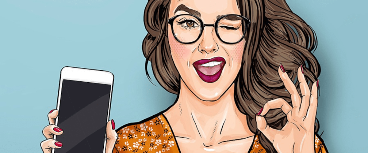 grafika przedstawiającą narysowaną kobietę w okularach trzymającą smartfona