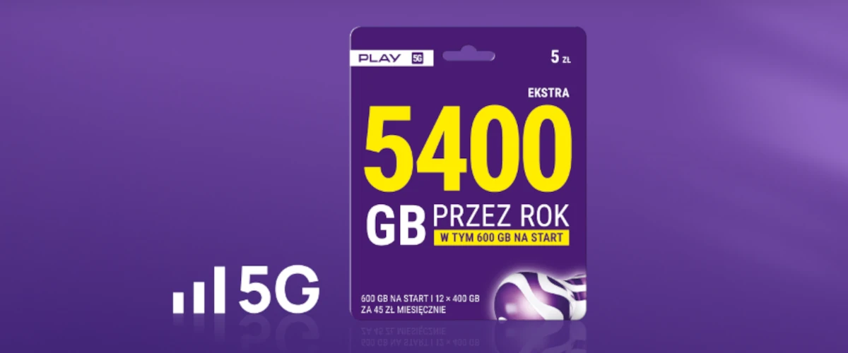 grafika firmy Play przedstawiająca starter na kartę z transferem 5400 GB przez rok na fioletowym tle