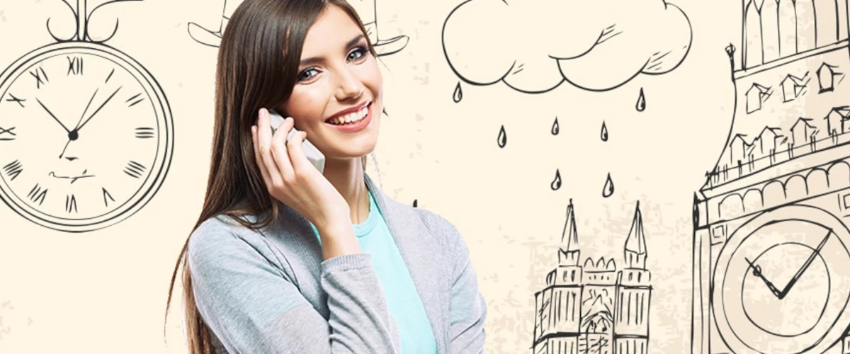 grafika przedstawiająca uśmiechniętą młodą kobietę rozmawiającą przez telefon komórkowy na tle narysowanych londyńskich budowli