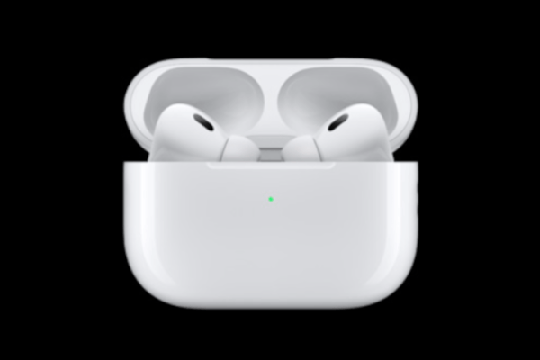 grafika firmy Apple przedstawiająca bezprzewodowe słuchawki Apple AirPods Pro w kolorze białym