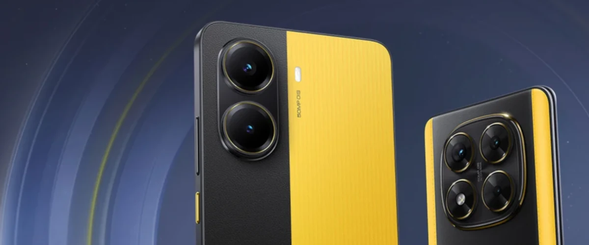 grafika firmy Xiaomi przedstawiająca smartfona POCO X7 w czarno-żółtym kolorze na niebieskim tle