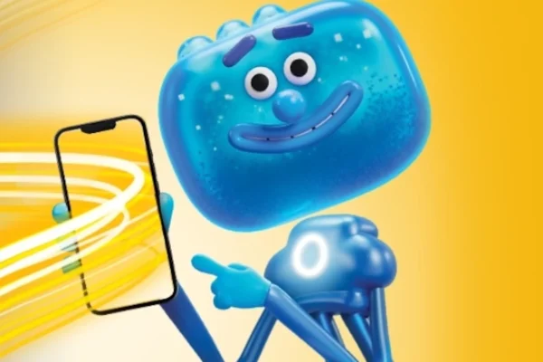 grafika firmy Vectra przedstawiająca jej niebieskiego robota-maskotkę trzymającego smartfona na żółtym tle