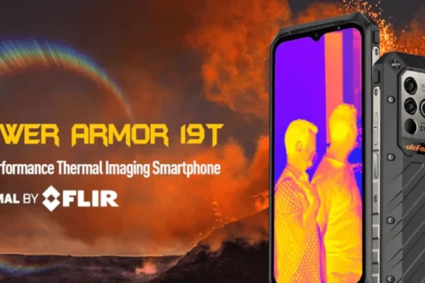 grafika przedstawiająca smartfona Ulefone Armor 19T na tle wybuchającego wulkanu