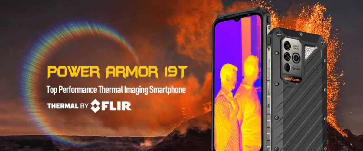 grafika przedstawiająca smartfona Ulefone Armor 19T na tle wybuchającego wulkanu