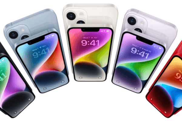 zdjęcie firmy Apple przedstawiające telefon iPhone 14 w 5 wariantach kolorystycznych