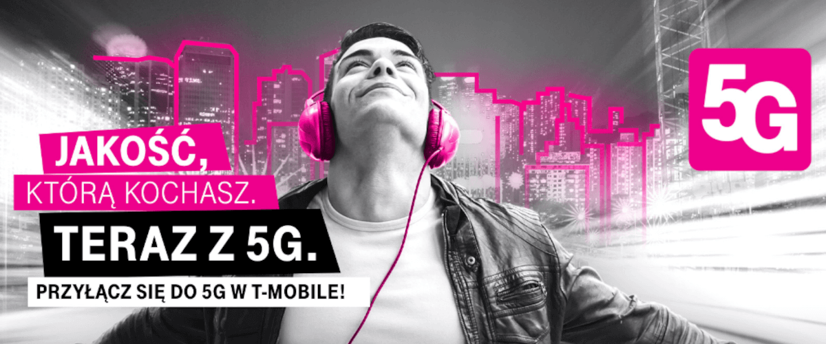 grafika firmy T-mobile przedstawiająca mężczyznę w słuchawkach na tle miasta, z hasłami promocyjnymi sieci dotyczącymi 5g