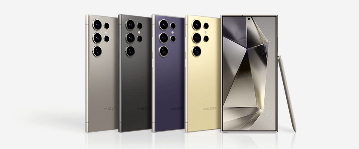 grafika przedstawiająca telefony z serii Samsung Galaxy S24 Ultra w różnych kolorach