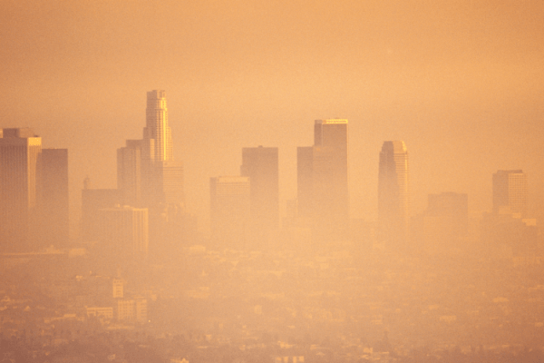zdjęcie przedstawiające centrum miasta z drapaczami chmur zakrytymi smogiem