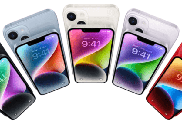 grafika przedstawiająca telefon iPhone 14 Plus w 5 wersjach kolorystycznych