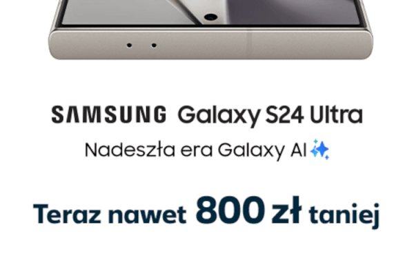 grafika firmy Plus przedstawiająca telefon Samsung Galaxy S24 Ultra z rabatem nawet 800 zł