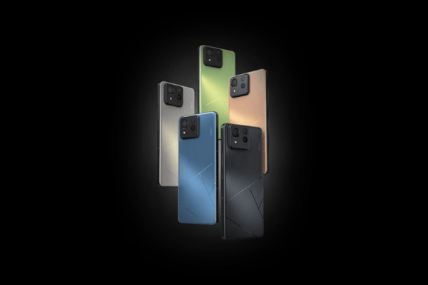 Grafika przedstawiająca prawdopodobny wygląd smartfona Asus Zenfone 11 Ultra w różnych konfiguracjach kolorystycznych