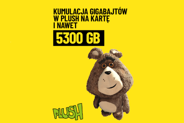 grafika firmy Plush z maskotką Plushak symbolizująca promocję 5300 GB w Plush na kartę