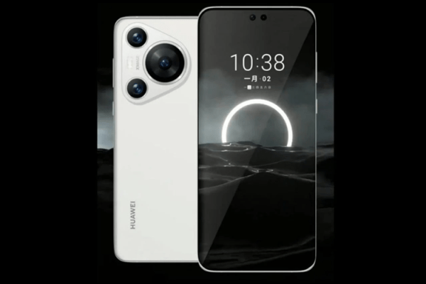 Grafika przedstawiająca prawdopodobny wygląd smartfona Huawei Pura 70 w białej wersji kolorystycznej