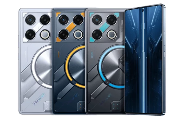 Grafika przedstawiająca smartfon Infinix GT 20 Pro w kilku wariantach kolorystycznych