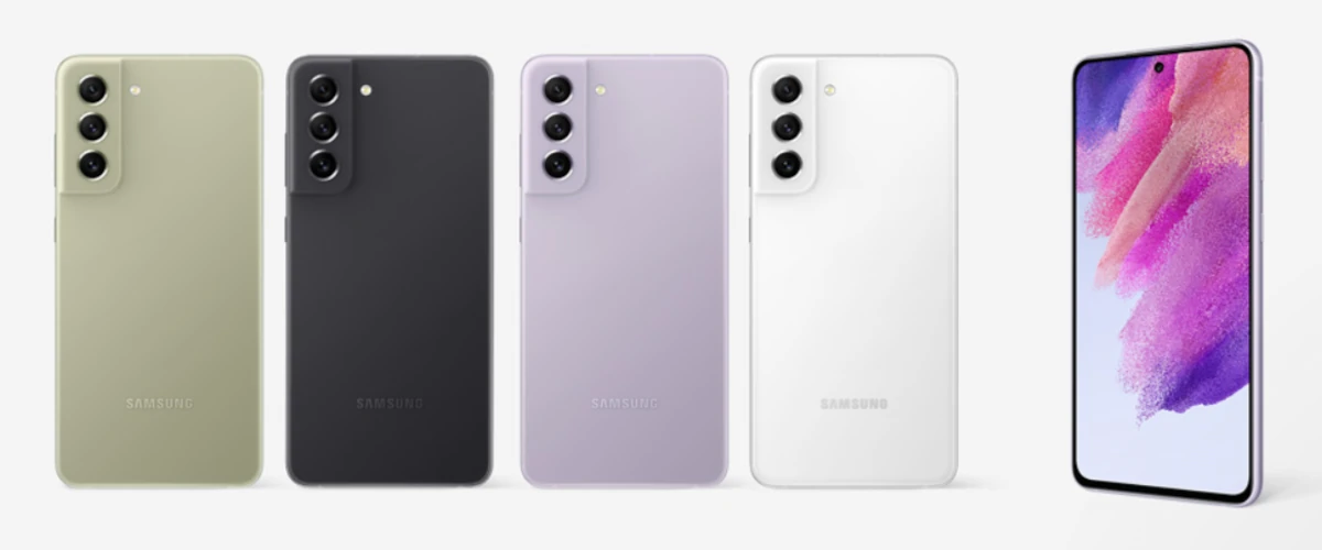grafika przedstawiająca smartfona Samsung Galaxy S21 FE 5G w 4 wersjach kolorystycznych
