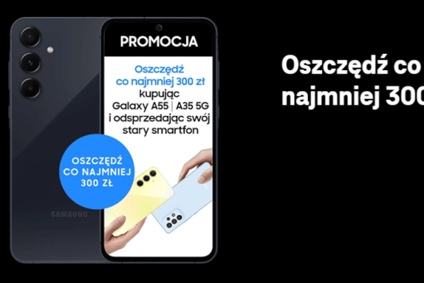 grafika firmy T-Mobile przedstawiająca smartfona Samsung Galaxy A55 w promocji Odkup z oszczędnością 300 zł