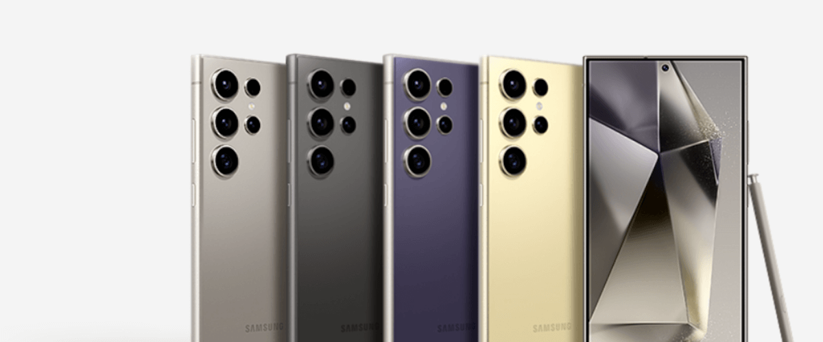 grafika przedstawiająca smartfona Samsung Galaxy S24 Ultra w kilku wersjach kolorystycznych