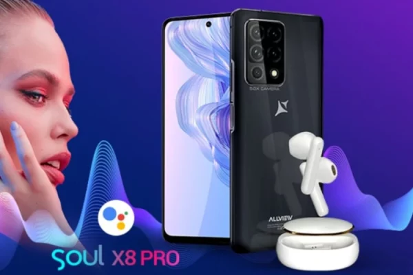 grafika przedstawiająca smartfona Allview Soul X8 Pro z kobietą i słuchawkami bezprzewodowymi