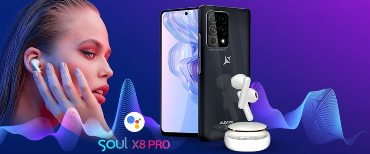 grafika przedstawiająca smartfona Allview Soul X8 Pro z kobietą i słuchawkami bezprzewodowymi