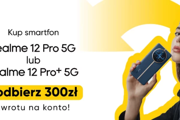 grafika firmy Play przedstawiająca promocję realme 12 Pro 5G ze zwrotem 300 złotych