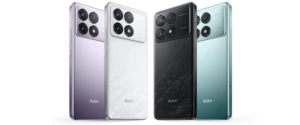 Grafika przedstawiająca smartfon Redmi K70 w kilku wersjach kolorystycznych