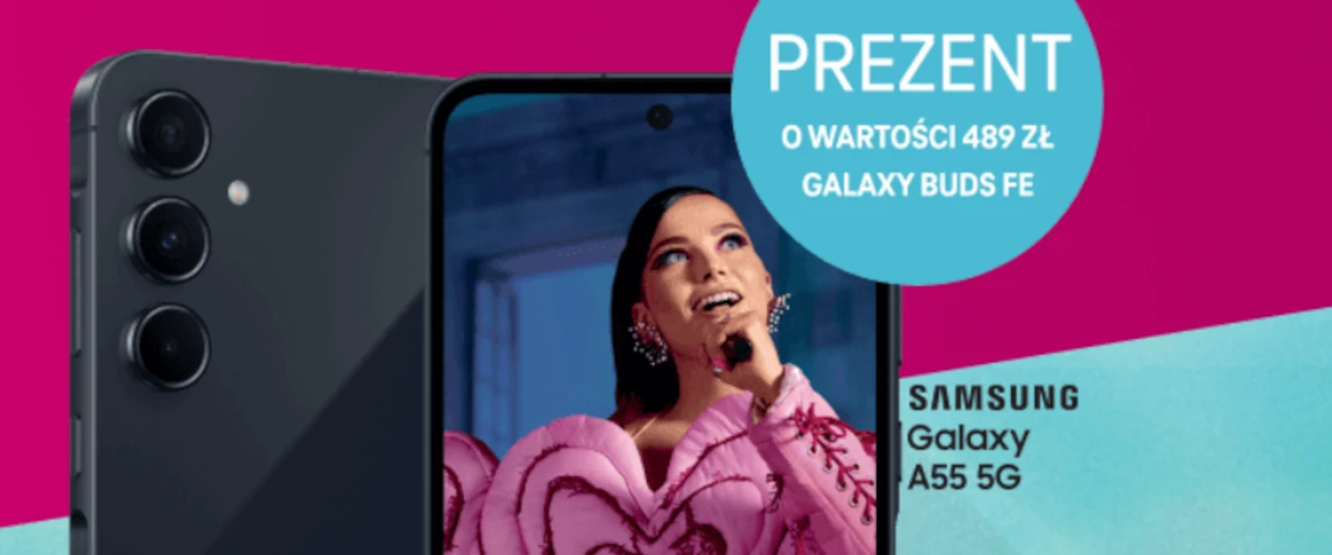 grafika firmy T-Mobile przedstawiająca smartfona Samsung galaxy A55 w promocji z Galaxy Buds FE