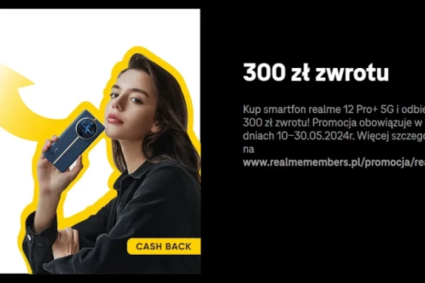 grafika firmy T-Mobile Polska przedstawiająca promocję realme 12 Pro+ 5G ze zwrotem 300 złotych