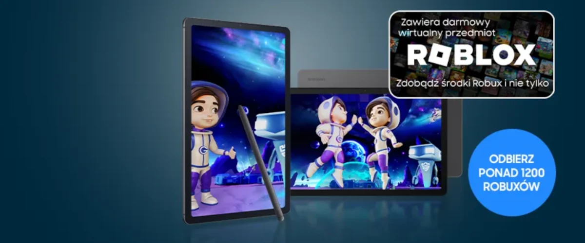 grafika firmy Plus przedstawiająca tablety z serii Samsung Galaxy Tab A9 w promocji Roblox