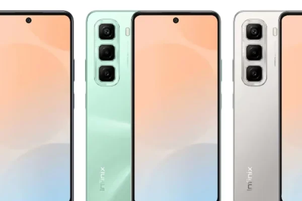 Grafika przedstawiająca smartfona Infinix Hot 50 4G w kilku wersjach kolorystycznych