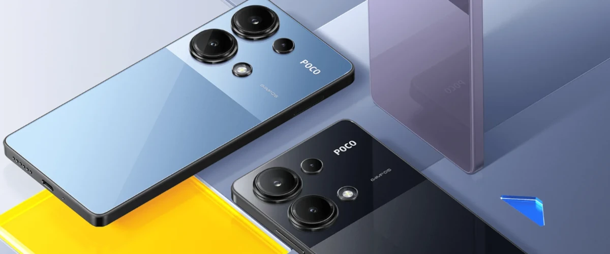 zdjęcie firmy Xiaomi przedstawiające 3 smartfony POCO M6 Pro w różnych wersjach kolorystycznych