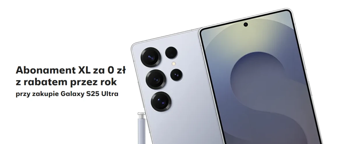 grafika przedstawiająca smartfona Samsung Galaxy S25 Ultra w promocji sieci Plus