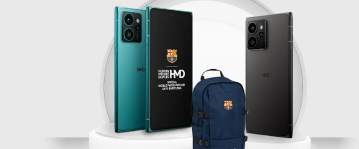 grafika przedstawiająca smartfona HMD Skyline w kilku wersjach kolorystycznych w promocji z plecakiem FC Barcelona