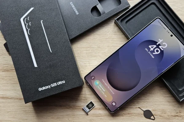 grafika przedstawiająca smartfona Samsung Galaxy S25 Ultra z pudełkiem i wyciągniętą kartą SIM
