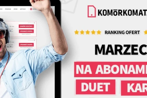 grafika przedstawiająca mężczyznę reklamującego najlepsze oferty komórkowe na abonament, duet i kartę