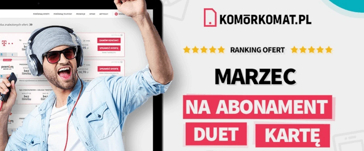 grafika przedstawiająca mężczyznę reklamującego najlepsze oferty komórkowe na abonament, duet i kartę