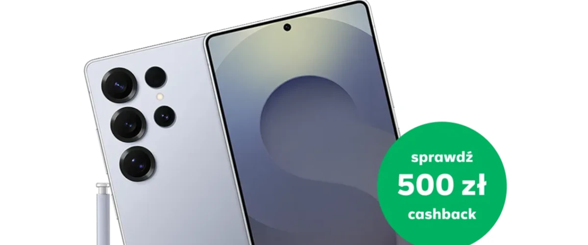 grafika przedstawiająca smartfona Samsung Galaxy S25 Ultra w promocji Cashback 500 zł