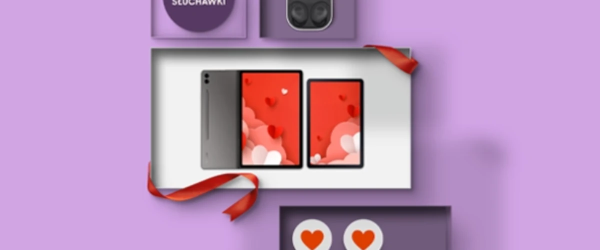 grafika przedstawiająca promocję na walentynki 2025 Samsung Galaxy Tab S9 FE + Galaxy Buds FE gratis